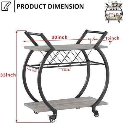 LVB Bar Carts for the Home, Industrial Wine Cart with Storage, Grey Oak | Modern Bar Cart with Wine Rack, Beverage Rolling Kitchen Serving Cart, Wooden Microwave Drink Liquor Cart for Dining Room