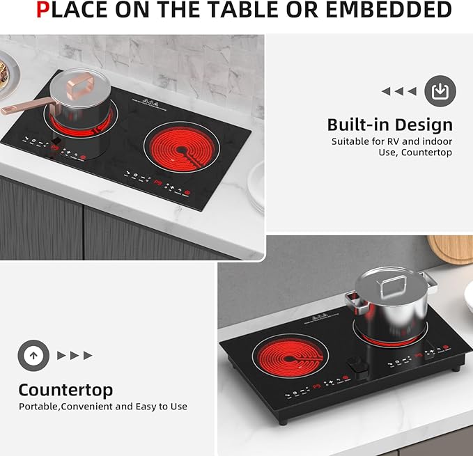 4000w Electric Cooktop, 24" Electric Stove 2 Burner Hot Plate Built-in Double Burner Cooktop with LED Touch Screen,9 Heating 9 Temperature,Kids Lock & Timer,Suitable for all Pans