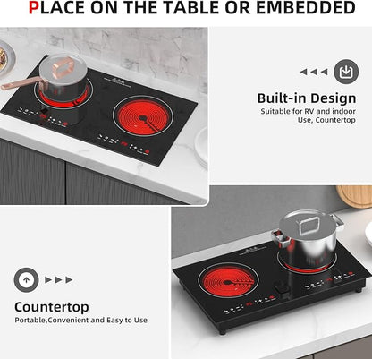4000w Electric Cooktop, 24" Electric Stove 2 Burner Hot Plate Built-in Double Burner Cooktop with LED Touch Screen,9 Heating 9 Temperature,Kids Lock & Timer,Suitable for all Pans