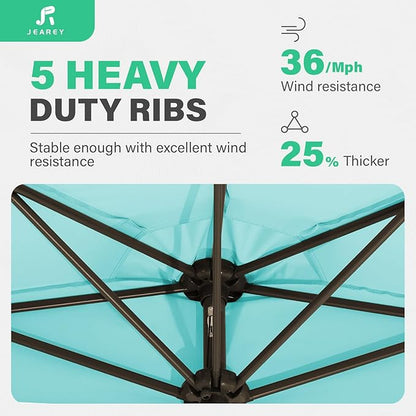 JEAREY 9ft Half Umbrella Outdoor Patio Umbrella Market Umbrellas with Crank, 1/2 Round Wall Umbrella 5 Sturdy Ribs UV Protection for Pool Garden Balcony Deck, Teal Blue