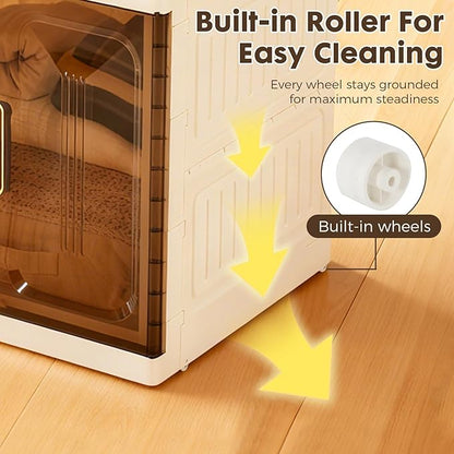 YHB Easy Assembly Wardrobe Portable Closet Storage Cabinet, Pet Collapsible Clothes Organizers,White, Collapsible Wardrobe with Visualization Doors, Rolling Wheels