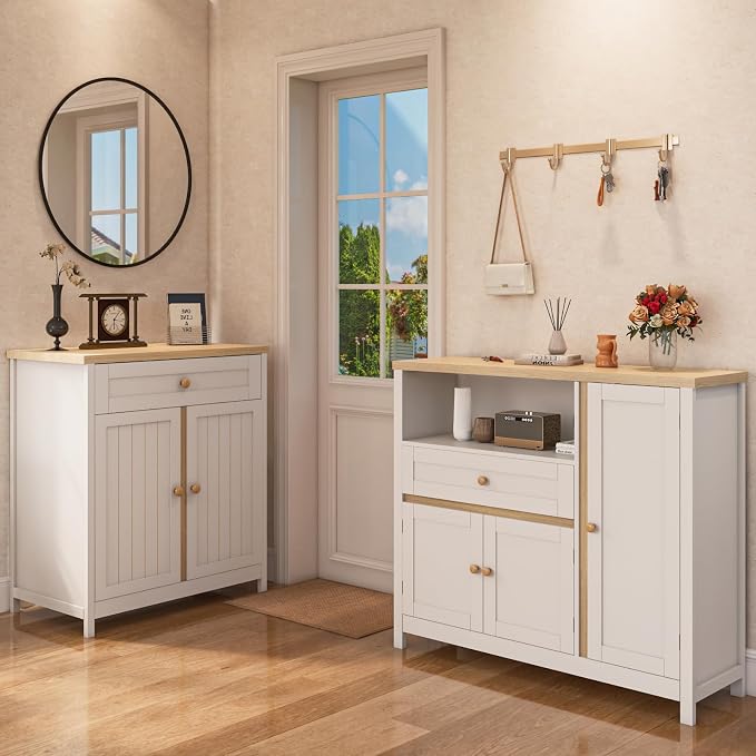 Viaozutis Coffee Bar Cabinet with Doors and Drawer, 35.4" Kitchen Storage Cabinet with Adjustable Shelf, Freestanding Buffet Sideboard for Dining Room, Bathroom, Entryway, White