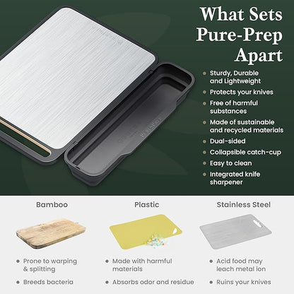 PURE-PREP Titanium Cutting Board - Double-Sided Design with Titanium Cutting Board and Wheat Straw PP for Kitchen Use - Chopping Board with Collapsible Catch, Grater, Knife Sharpener - Large 16”x11”