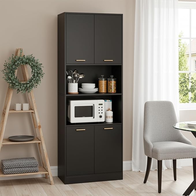 Keyluv 71" Kitchen Pantry Storage Cabinet, Kitchen Cabinet Hutch, Black | Freestanding Kitchen Hutch with Microwave Stand and Doors, Coffee Bar with Adjustable Shelves for Dining Room Living Room