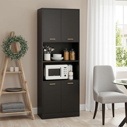 Keyluv 71" Kitchen Pantry Storage Cabinet, Kitchen Cabinet Hutch, Black | Freestanding Kitchen Hutch with Microwave Stand and Doors, Coffee Bar with Adjustable Shelves for Dining Room Living Room