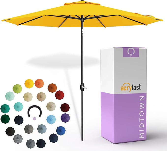 Midtown Umbrellas – The Lean 8 Ft Patio Umbrella with 10-Year-No-Fade Acrylast Acrylic Fabric, Auto-Tilt and 8 Reinforced Ribs for Deck, Pool, Garden, Hotel & Cafes – Studio Yellow Canopy, Black Pole