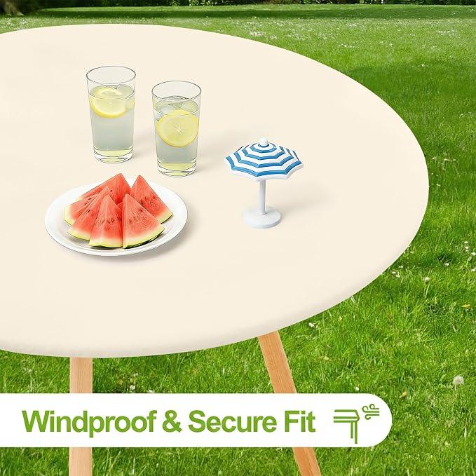 Smiry Round Spandex Tablecloth, Elastic Fitted Washable Tablecloths for 45"-56" Tables, Waterpoof Stretch Picnic Table Cover for Dining, Indoor and Outdoor, Beige