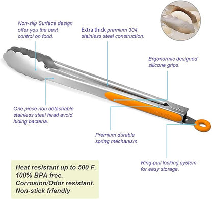Premium 304 Stainless Steel Tongs Set – 12" Grill Tongs & 9" Cooking Tongs, Heat Resistant up to 600°F, Wavy Grip Head, Non‑Slip Handle with Locking Clip & Hanging Loop, Dishwasher Safe, Orange