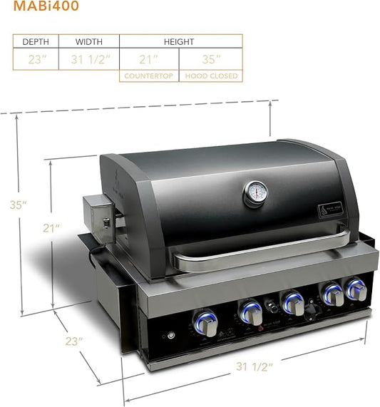 Mont Alpi Premium 32"W x 23"D x 21"H Black Stainless Steel 4-Burner 63000 BTUs Outdoor Kitchen Kitchen Island Heavy Duty Propane Built-in BBQ Gas Grill Head with Infrared Rear Burner + Rotisserie Kit