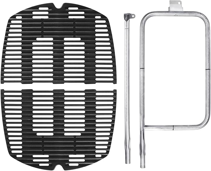 DELSbbq 7646 Cast Iron Grates and 65032 Grill Burner for Weber Q300 Q320 Q3000 Q3200 57060001 586002 Gas Grills, Replacement Parts for Weber 7584, 65032