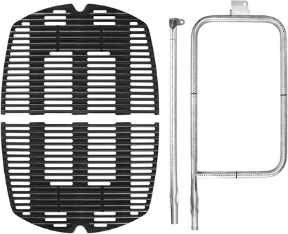 DELSbbq 7646 Cast Iron Grates and 65032 Grill Burner for Weber Q300 Q320 Q3000 Q3200 57060001 586002 Gas Grills, Replacement Parts for Weber 7584, 65032