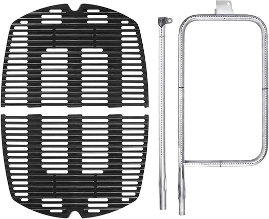 DELSbbq 7646 Cast Iron Grates and 65032 Grill Burner for Weber Q300 Q320 Q3000 Q3200 57060001 586002 Gas Grills, Replacement Parts for Weber 7584, 65032