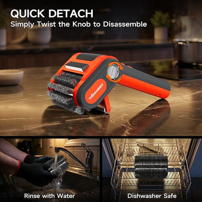 Electric Grill Brush for Outdoor Grill, 800 RPM Brush Head, 3000mAh Battery, No Preheating Grill, 304 Stainless Steel Bristle, Rechargeable Cordless BBQ Grill Cleaner with LED Light, Orange