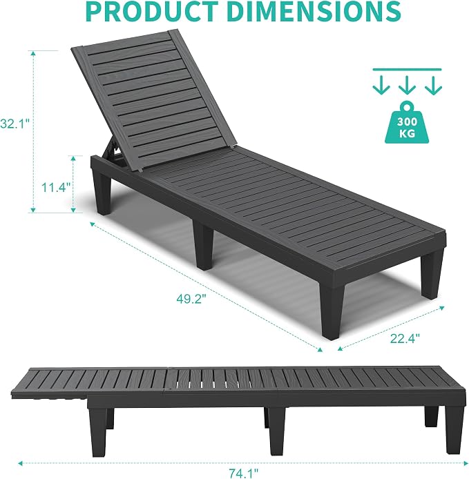 Outdoor Chaise Lounge Chair Set of 4, Black | 5-adjustable position, all weather resin, lightweight, tanning lounge chairs for pool, patio, beach, outside