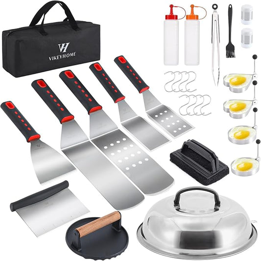 VIKEYHOME Griddle Accessories Kit, 28 Pcs Flat Top Grill Accessories Set for Blackstone, Professional Grill BBQ Spatula Set with Basting Cover, Spatula, Scraper, Bottle, Tongs, Egg Ring