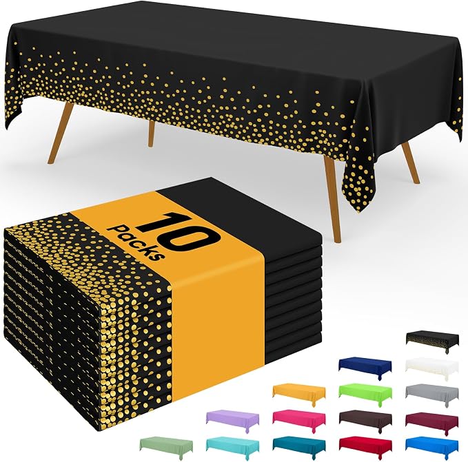 Smiry Disposable Table Cloth - 10 Pack, 54 x 108 Inch Waterproof Rectangle Tablecloths for Parties, Decorative Plastic Table Cover, Leakproof & Sturdy, Black & Gold