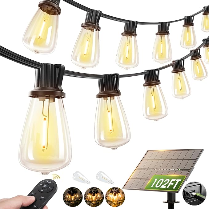 addlon 102FT(96+6) Solar String Lights Outdoor Waterproof with Remote, 30+2 LED Shatterproof Bulbs, Dimmable & Timable, Solar Lights Outdoor, Patio Lights for Garden, Backyard, Party, Camping Decor
