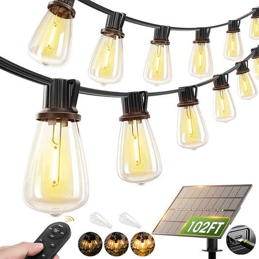 addlon 102FT(96+6) Solar String Lights Outdoor Waterproof with Remote, 30+2 LED Shatterproof Bulbs, Dimmable & Timable, Solar Lights Outdoor, Patio Lights for Garden, Backyard, Party, Camping Decor
