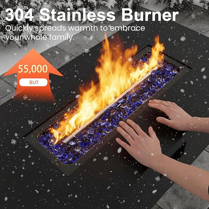 42" Propane Fire Pit Table Set with Tank Holder, Rectangle 2-Piece Outdoor Firepit Wind Guard, Lid, Glass Stones and Cover