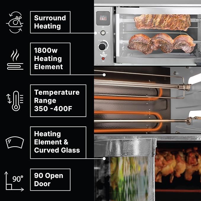 Brazilian Flame Indoor or Outdoor Rotisserie Grill Roaster with 2 Auto Rotating Skewers for Rotisserie Chicken, Steak, Fish, Brazilian Style BBQ, Electric Rotisserie Oven for Apartment or Home