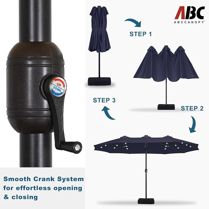ABCCANOPY 15FT Solar LED Double-Sided Umbrella with Base, Navy Blue | Rectangular Outdoor Table Umbrella with Crank, Heavy Duty Market Umbrella Shade for Garden,Poolside, Lawn, Backyard