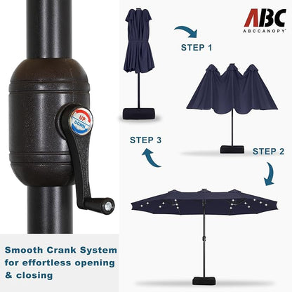ABCCANOPY 15FT Solar LED Double-Sided Umbrella with Base, Navy Blue | Rectangular Outdoor Table Umbrella with Crank, Heavy Duty Market Umbrella Shade for Garden,Poolside, Lawn, Backyard