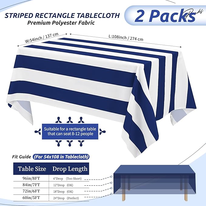 2 Pack Blue and White Striped Rectangular Tablecloth, 54x108inch Polyester Fabric, Washable, For Afternoon Tea, Birthday Party, Picnic, Barbecue, Indoor Outdoor Dining