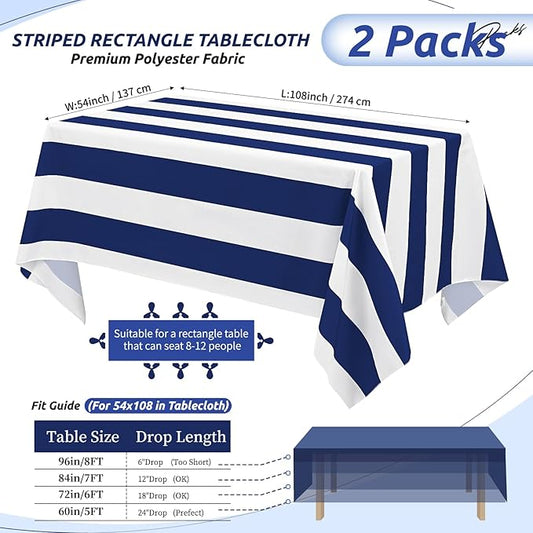 2 Pack Blue and White Striped Rectangular Tablecloth, 54x108inch Polyester Fabric, Washable, For Afternoon Tea, Birthday Party, Picnic, Barbecue, Indoor Outdoor Dining