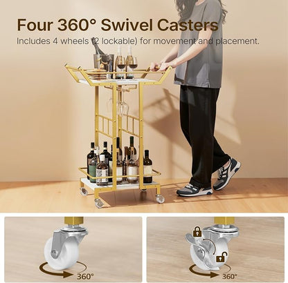 Bar Cart, 3-Tier Serving Cart with Wine Glass Rack, Drink Cart with Wheels, Rolling Beverage Cart, for Living Room, Party, White and Gold BC10DW