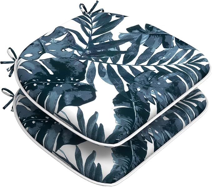 DYTXIII Set of 2 Outdoor Chair Cushions with Ties,Water Repellent Patio Chair Pads 17"x 16" for Outdoor Furniture,Round Corner Seat Cushions for Garden Yard Kitchen Palm Blue