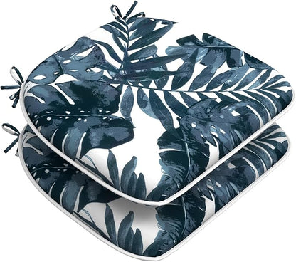 DYTXIII Set of 2 Outdoor Chair Cushions with Ties,Water Repellent Patio Chair Pads 17"x 16" for Outdoor Furniture,Round Corner Seat Cushions for Garden Yard Kitchen Palm Blue