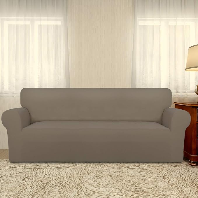 PureFit Stretch Oversized Couch Covers Fleece Sofa Slipcovers Natural | 1-Piece Sofa Cover Washable Soft Couch Protector, Couch Slipcover with Non Skid Foam and Elastic Bottom for Kids, Dogs