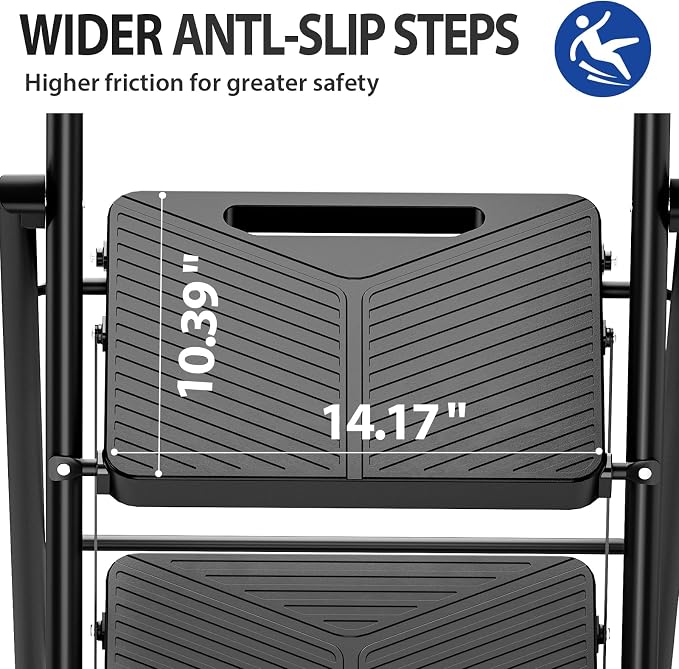 KINGRACK 4 Step Ladder, Folding Step Stool with Anti-Slip Pedals | Heavy Sturdy Steel ladder with Handrail, Safe-Lock Design, Multi-Purpose, Home, Kitchen, Pass 500lbs Load Testing, Black