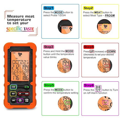 Grill Smoker BBQ Cooking Food Thermometer Oven Safe - Digital Wireless Meat Thermometer for Grilling Smoking with 4 Probes - Kitchen Baking Steak Turkey Candy Thermometers, not for Medical Purposes