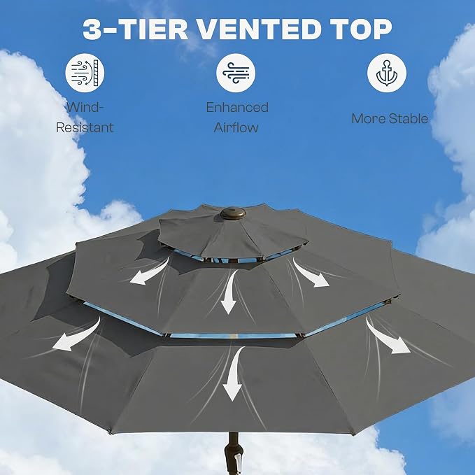 10ft 3 Tier Patio Umbrella, Outdoor Market Table Umbrella with UPF 50+ Vented Canopy, 8 Sturdy Ribs, Easy Push Button Tilt and Crank, Windproof for Deck, Pool, Backyard and Garden