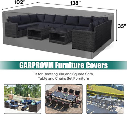 GARPROVM Large Patio Furniture Cover Waterproof, Outdoor Table Sofa Dining Set Cover with Upgraded Heavy-Duty 600D Oxford 4 Windproof Buckles, 138 x 102 x 35 Inch