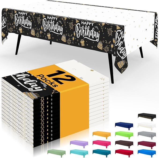 Smiry Disposable Table Cloth - 12 Pack, 54 x 108 Inch Waterproof Rectangle Tablecloths for Parties, Decorative Plastic Table Cover, Leakproof & Sturdy, Black & White