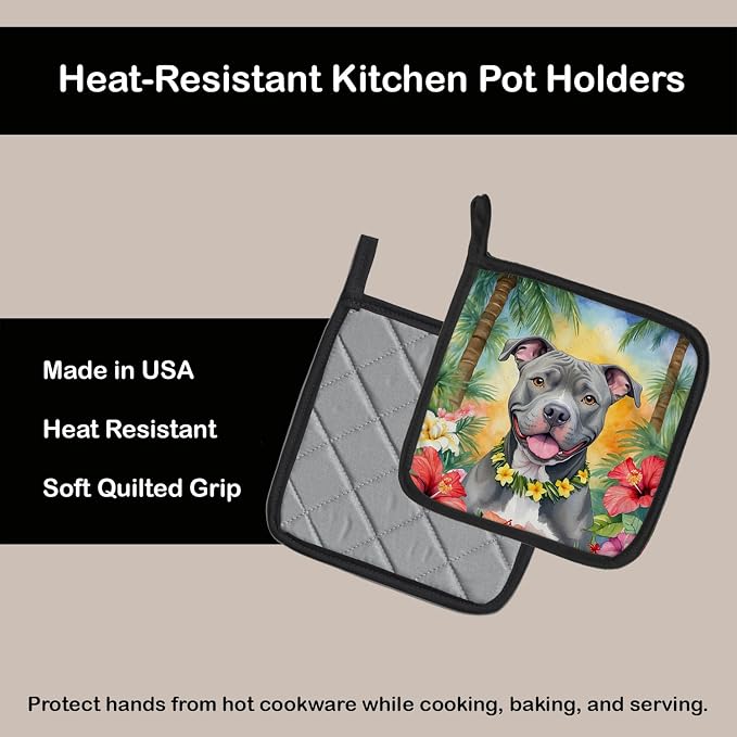 Caroline's Treasures Pit Bull Terrier Luau Pair of Pot Holders Kitchen Heat Resistant Pot Holders Sets Oven Hot Pads for Cooking Baking BBQ, 7 1/2 x 7 1/2