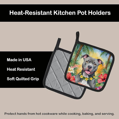 Caroline's Treasures Pit Bull Terrier Luau Pair of Pot Holders Kitchen Heat Resistant Pot Holders Sets Oven Hot Pads for Cooking Baking BBQ, 7 1/2 x 7 1/2