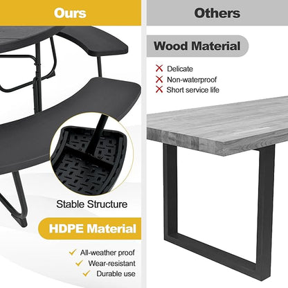 Tangkula 8 Person Picnic Table, Outdoor Round Picnic Table with 4 Built-in Benches, Umbrella Hole, Metal Frame & HDPE Tabletop, Outside Table and Bench Set for Backyard, 2300lbs Weight Capacity