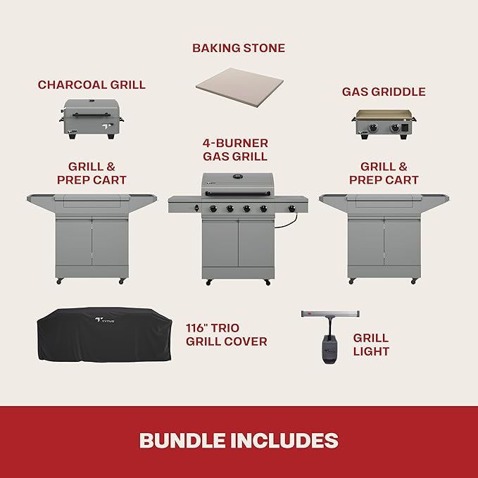 Tytus Anaheim 4-Burner Gas Grill with Two Prep Carts, Charcoal Grill, and Gas Griddle with Cover, Light, and Baking Stone - Modular Outdoor Kitchen, Quick Assembly, Outdoor Cooking