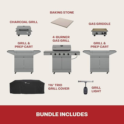 Tytus Anaheim 4-Burner Gas Grill with Two Prep Carts, Charcoal Grill, and Gas Griddle with Cover, Light, and Baking Stone - Modular Outdoor Kitchen, Quick Assembly, Outdoor Cooking
