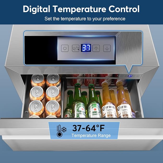FoMup Stainless Steel 3-Tier Drawer Fridge Undercounter, Outdoor Beverage Refrigerator with Wheels, Waterproof Design and Temperature Control for Home and Commercial Use