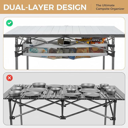KingCamp Folding Camping Table, Aluminum Roll-Up Camp Table, Large Foldable Table for 6-8 Person, Outdoor Portable Tables with Carry Bag, 180 LBS Heavy Duty Load (Silver+Mesh：53.5" × 27.5")