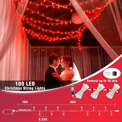 Vivideal 100 LED Red Christmas Lights Outdoor, 33ft Red String Lights 8 Modes Clear Wire, Connectable Waterproof Plug in Led Light for Bedroom Indoor Outdoor Christmas Decorations