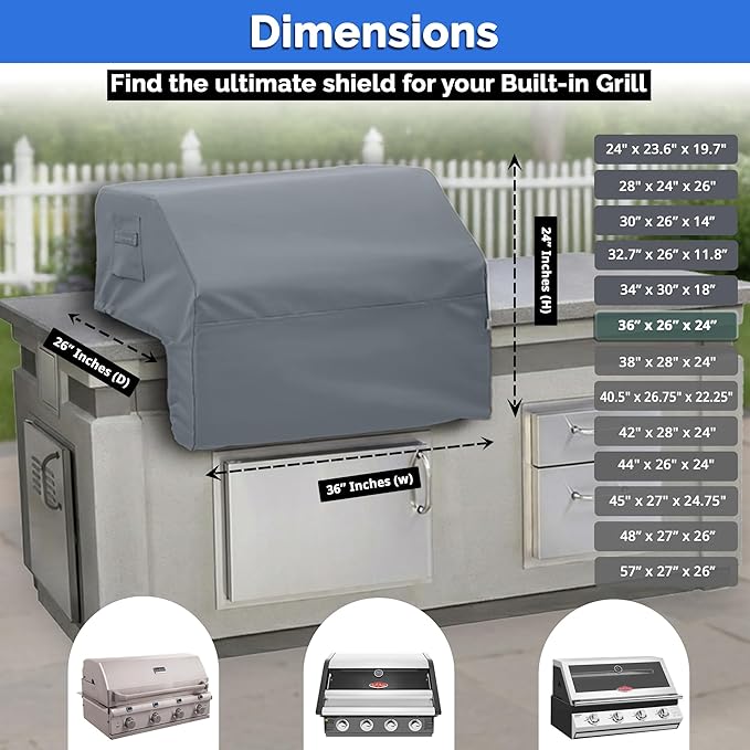 Covers & All Built-in Grill Cover for Outdoor Grill – Heavy Duty 12 oz Waterproof Built-in BBQ Grill Cover, PVC-Coated Polyester with Elastic Hem for Snug Fit (36 x 26 x 24 inches, Grey)