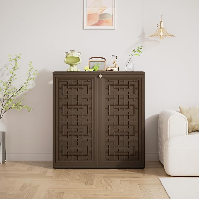 Mrosaa Storage Box Outdoor Caninet,Resin Indoor Storage Box Waterproof Outdoor Storage Cabinets for Patio/Garden/Backyard, Size 34.3''L*15''W*36.2''H(Brown)