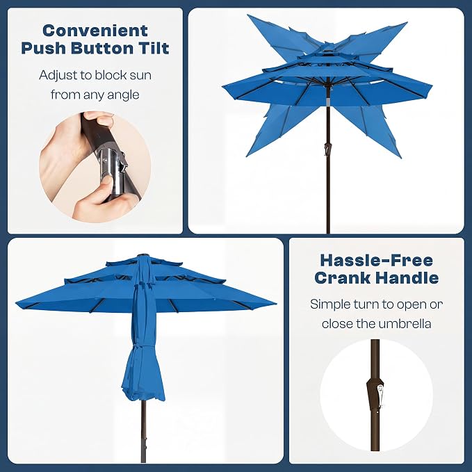10ft 3 Tier Patio Umbrella, Outdoor Market Table Umbrella with UPF 50+ Vented Canopy, 8 Sturdy Ribs, Easy Push Button Tilt and Crank, Windproof for Deck, Pool, Backyard and Garden