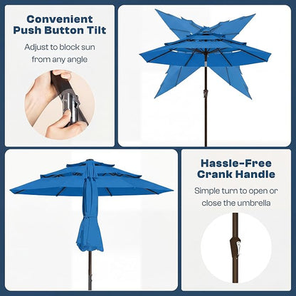 10ft 3 Tier Patio Umbrella, Outdoor Market Table Umbrella with UPF 50+ Vented Canopy, 8 Sturdy Ribs, Easy Push Button Tilt and Crank, Windproof for Deck, Pool, Backyard and Garden