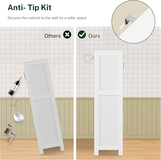 Bathroom Storage Cabinet with Adjustable Shelf & Large Drawer | Tall Storage Cabinet with 4 Doors, Kitchen Pantry Storage Cabinets, for Living Room, Dining Room, Entryway, White
